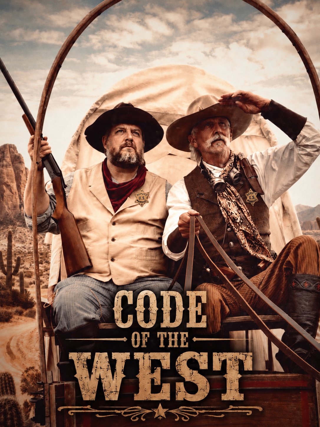 Western poster of RJ Ricochet and Marshal Kelso Butcher in the desert beneath a covered wagon, titled Code of the West