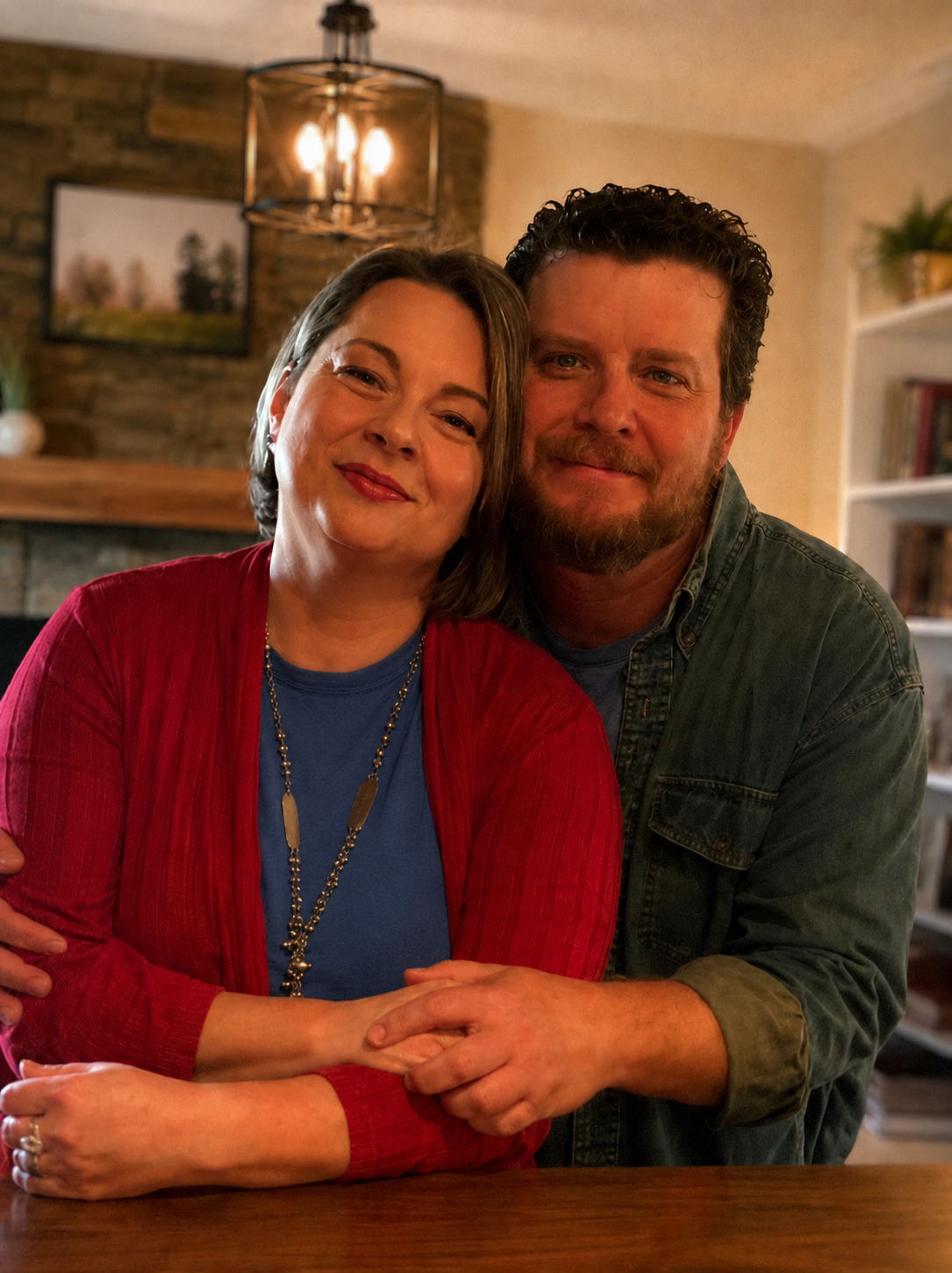 Raymond and his wife Patsy embracing at home near the fireplace