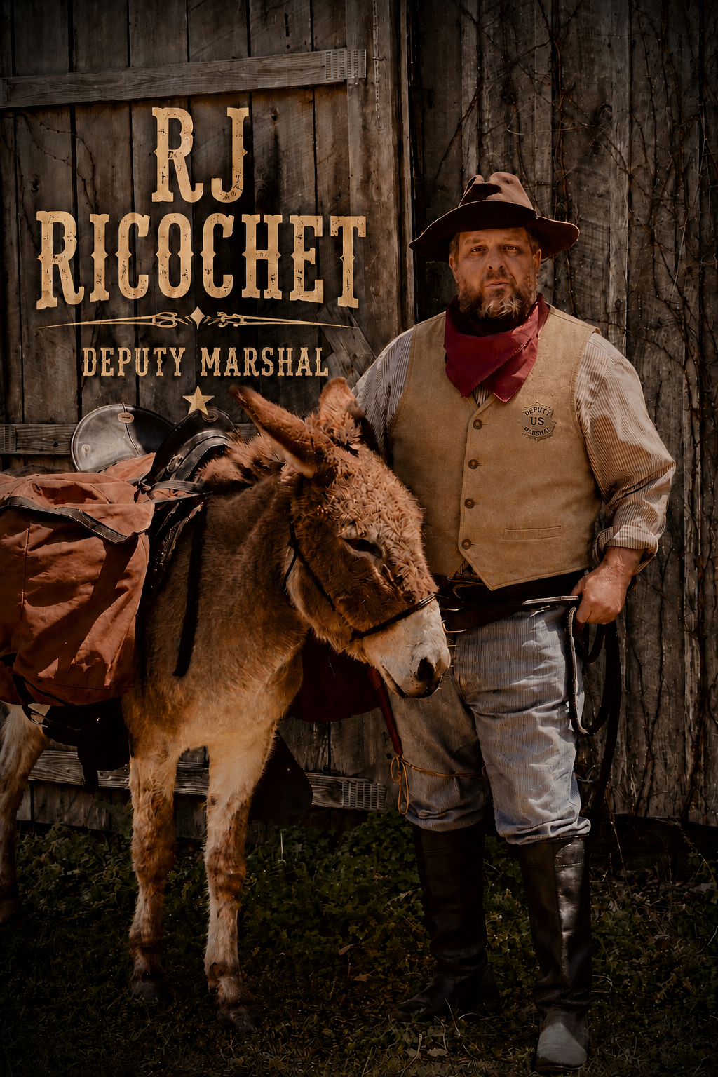 Western poster of RJ Ricochet, deputy marshal, beside a miniature horse